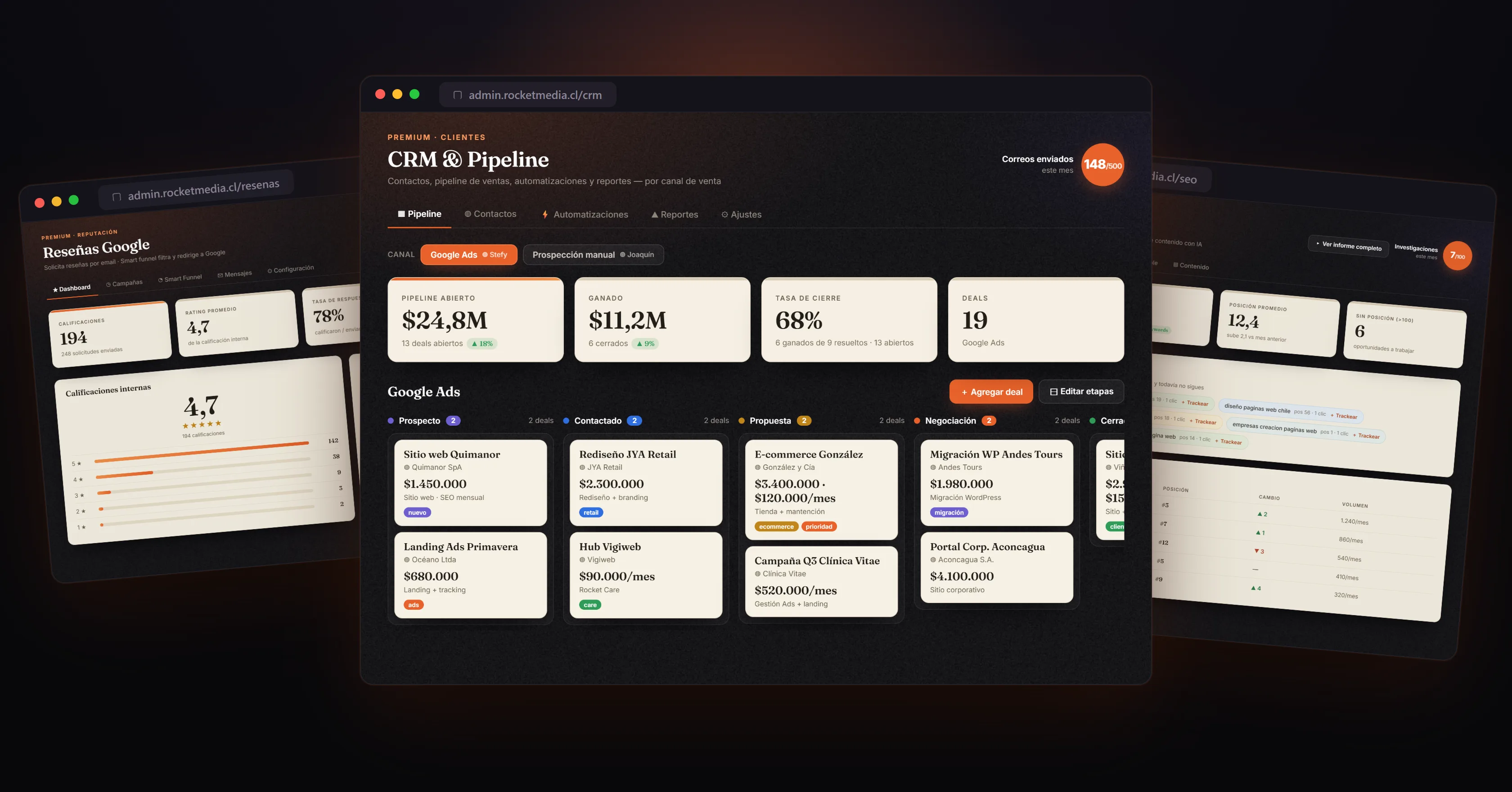 Plataforma de gestión de Rocket Care: reseñas, CRM y SEO